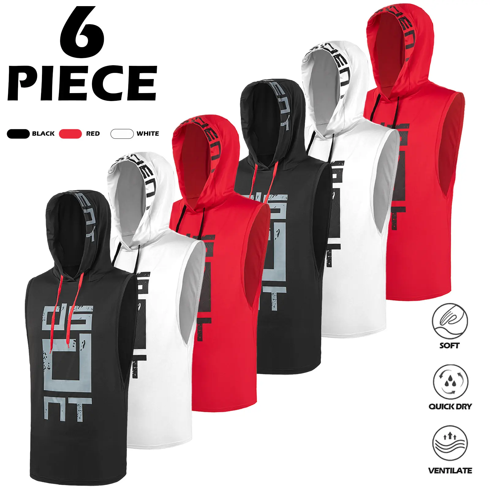 6-Pack Men's Hooded Tank Tops - Quick Dry & Breathable for Gym & Running