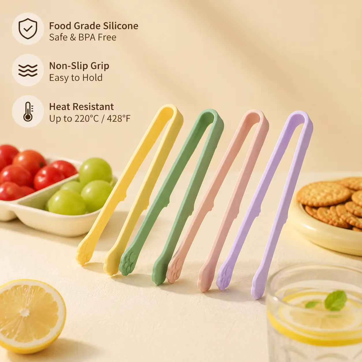 Silicone Food Tongs - 1 Count, Non-Slip Standable Cat Paw Design, Heat Resistant, for Grabbing Snacks, Fruits, Daily Kitchen Use, Daily Use