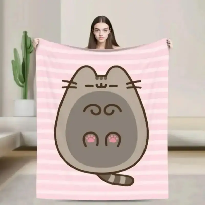Pusheen Cat Throw Blanket, Cute Kawaii Cartoon Kitty Soft Cozy Plush Bed Blanket, Lightweight Warm Blankets for Kids Bedroom Decor, Couch Sofa Living Room, Birthday Gifts for Girls and Cat Fans