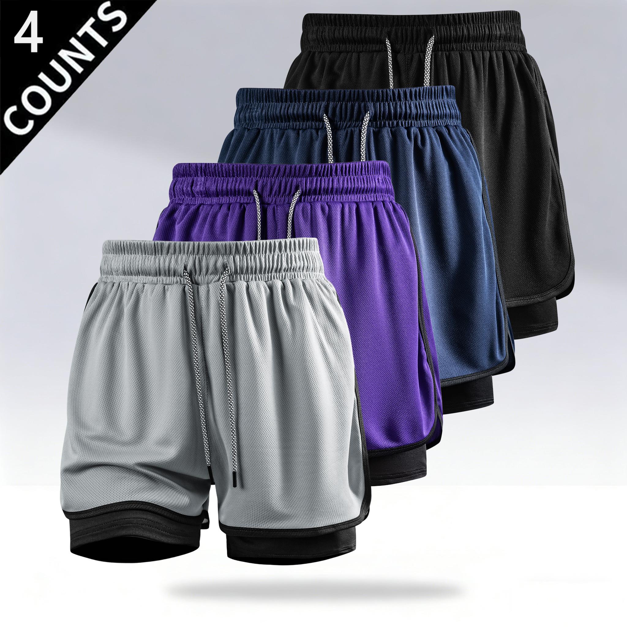 4-Pack Men’s 2-in-1 Running Shorts with Liner, Quick-Dry Breathable Mesh Athletic Workout Shorts, Lightweight Gym Basketball Shorts with Drawstring and Pockets, Summer Multi-Pack Sports Shorts for Fitness and Everyday Wear
