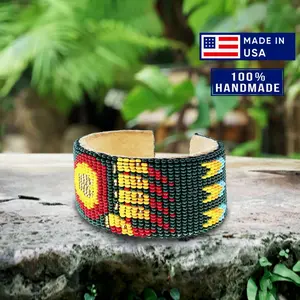 Green Red Bear Paw Leather Cuff Beaded Bracelet - Handmade Boho Seed Bead Jewelry, Adjustable Statement Gift for Women & Men