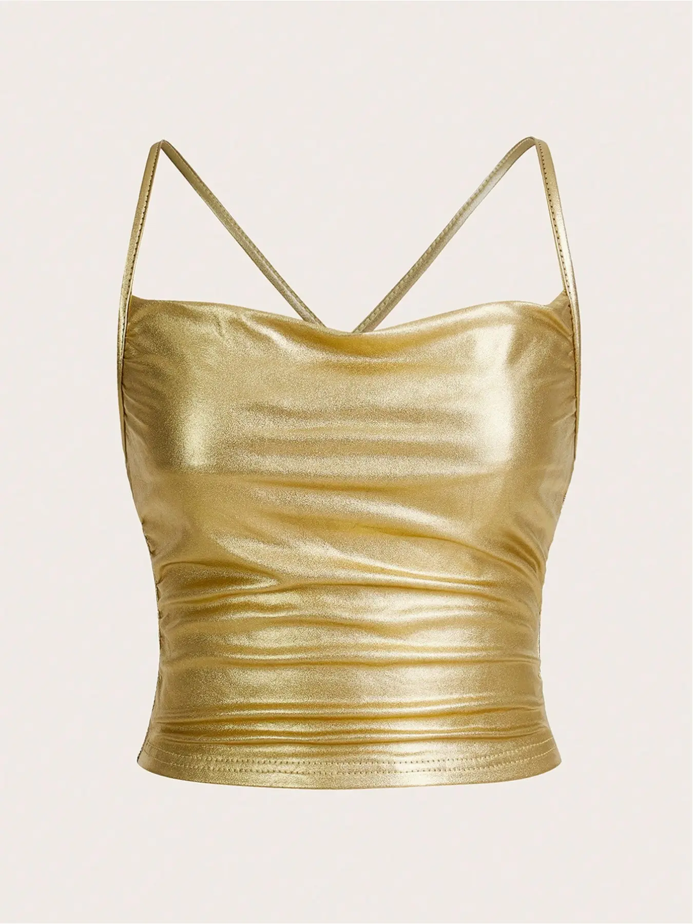 versatile new style! Women's minimalist gold cami spaghetti strap cropped top, Womenswear, a chic designed piece, perfect for loungewear, work, casual outings, travel, parties, gatherings, Valentine's Day dates and all occas