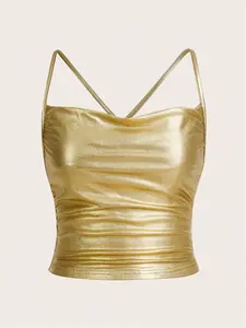 Fashionable & versatile new style! Women's minimalist gold spaghetti strap cropped top, a chic designed elegant piece, perfect for loungewear, work, casual outings, travel, parties, gatherings, Valentine's Day dates, dances, cocktail parties and all occas