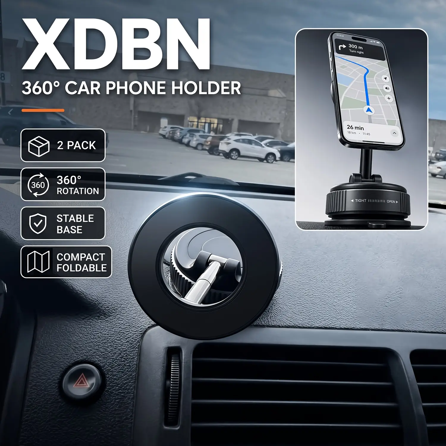 XDBN 360 Magnetic Vacuum Suction Car Phone Holder, Foldable Dashboard Mount with Zinc Alloy Base, Strong Auto Lock, Adjustable Hands-Free Phone Stand for iPhone and Android
