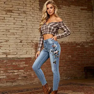 New Arrival Women's High Waist Skinny Jeans, Vintage Floral Embroidery Stretch Denim Pants