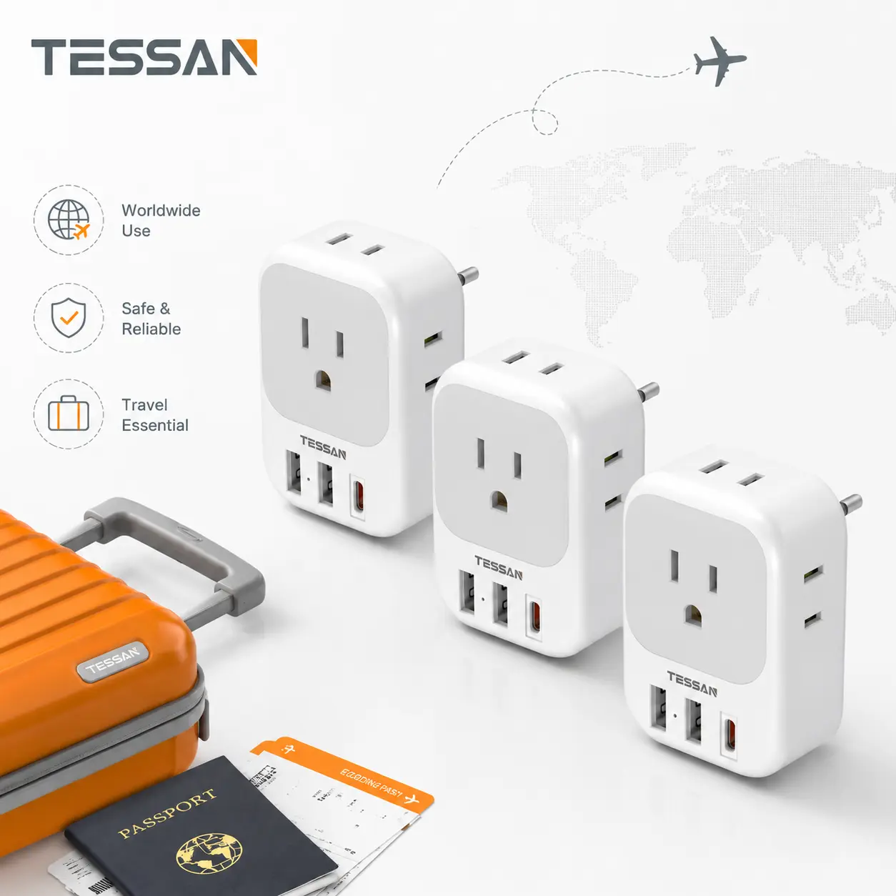 TESSAN European Travel Plug Adapter USB C 3 Pack, PD 20W US to Europe Plug Adapter with 4 AC Outlets 3 USB Ports, Type C Power Adaptor for USA to EU Euro Spain France Iceland Italy Germany Greece