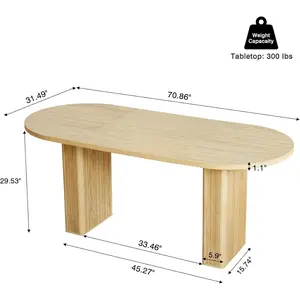 70.8 Inch Kitchen Dining Table for 4-6 People, Oval Kitchen Table with Wood Strip Base, Modern Farmhouse Large Round Dining Room Tables for Living Room (Natural)