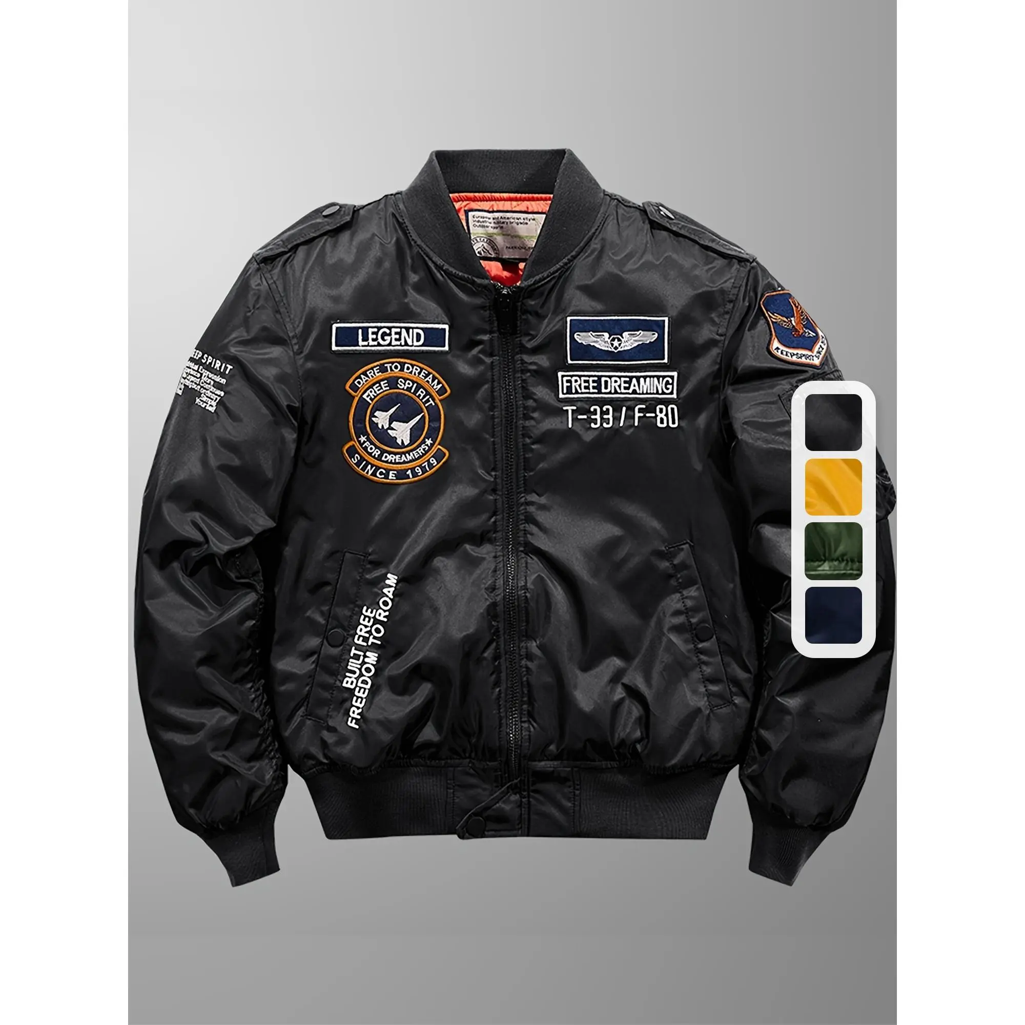 Men's Nylon Embroidered Flying Jacket - Casual Fashion Outdoors Top, Collared Neck, Long Sleeve, Zipper Close, Thick Fit, Menswear Coat
