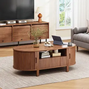 Walnut Oval Coffee Table, 47 Inch Fluted Coffee Tables With Cabinets & Sliding Doors, Mid-Century Modern Living Room Tables, Center Table With Storage And Wood Handle For Living Room, Home Small Space