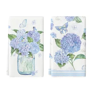 Hydrangea Vase Butterfly Spring Kitchen Towels Dish Towels, 16x24 Inch Summer Flowers Holiday Decoration Hand Towels Set of 2