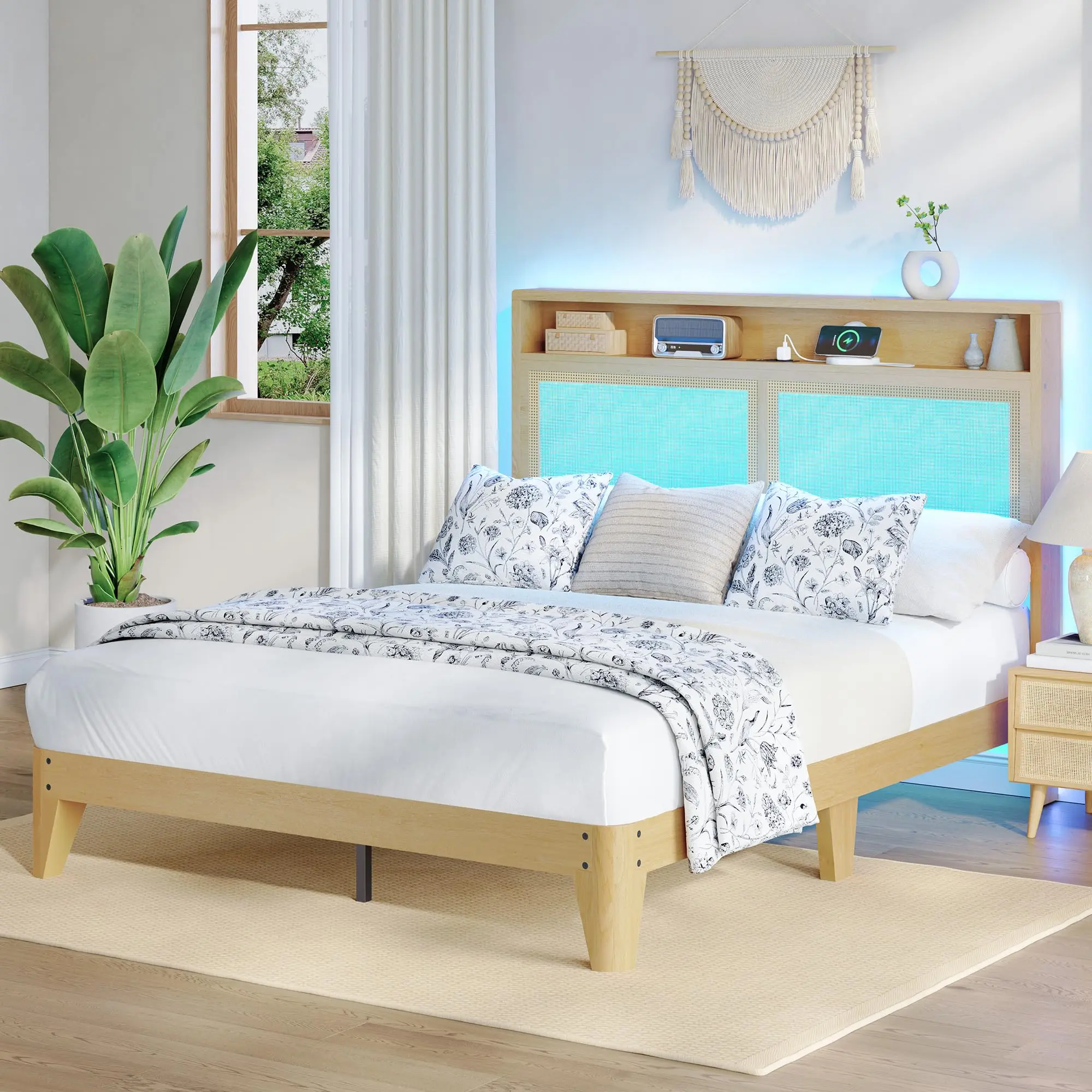 Full size Rattan Bed Frame with LED Lights & Charging Station, Bohemian Rattan Bed Frame with 2 Tier Storage , Solid Wood Foundation, Silent Slats