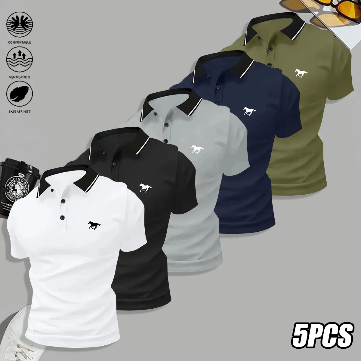 Men’s casual short-sleeve 5-piece set: polo shirt; suitable for outdoor sports, golf, and casual wear; men’s short sleeves, men’s tops, summer clothing, menswear