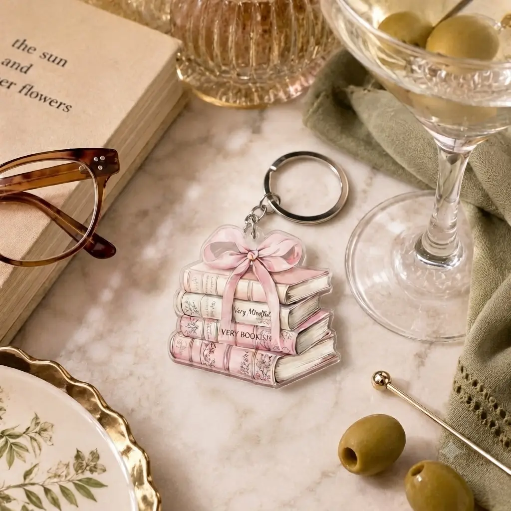 Cute Pink Book Stack Acrylic Keychain with Elegant Bow, Aesthetic Bookish Charm for Readers, Unique Gift for Book Lovers