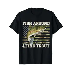 Fish Around And Find Trout T Shirt Black American Flag Camo Trout Fishing Design Outdoor Adventure Hunting Camping Fishing Gear For Men Women