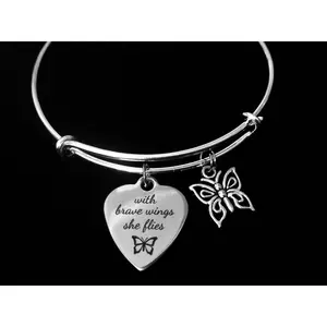 Brave Wings She Flies Adjustable Bracelet Expandable Silver Charm Bangle Inspirational Gift