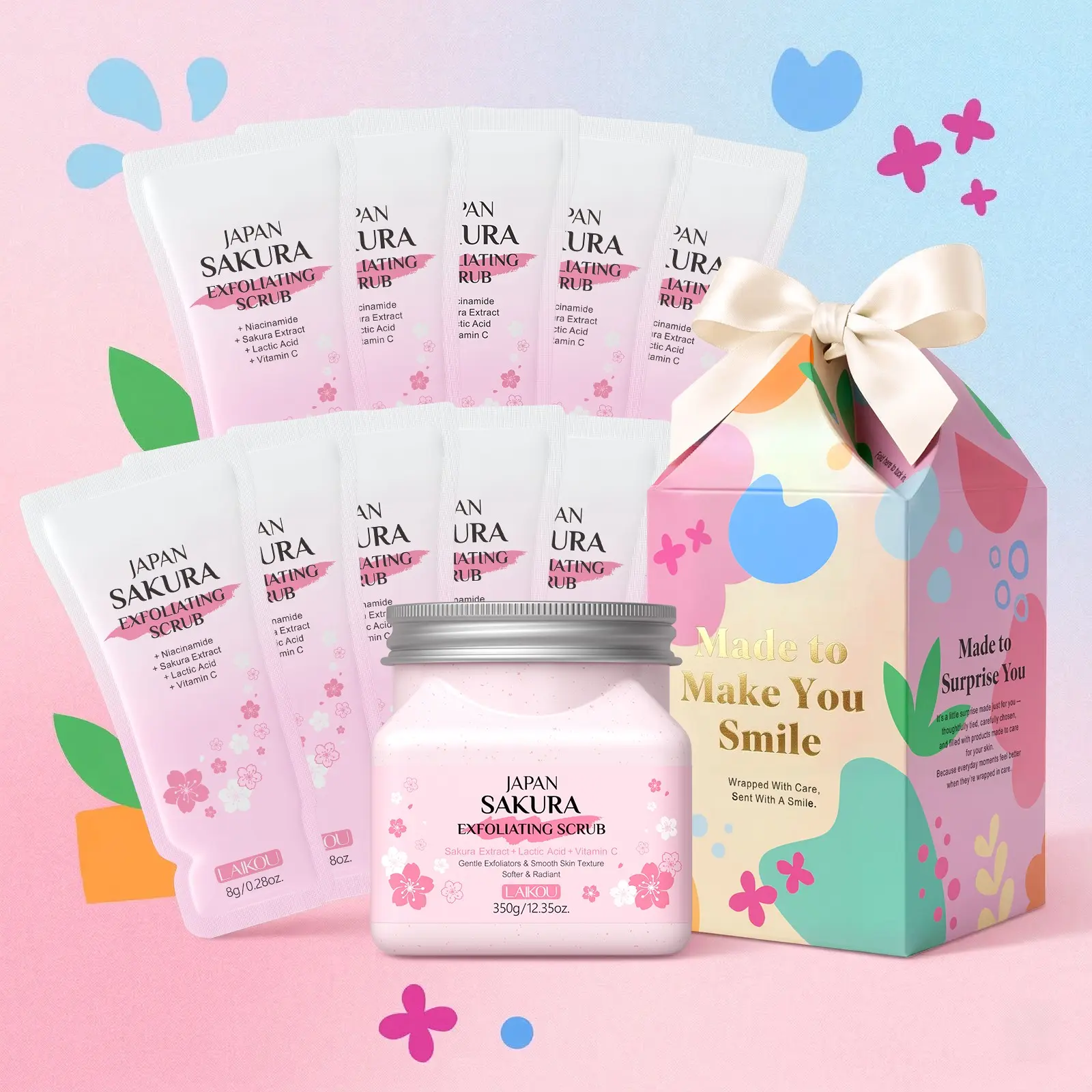 LAIKOU Japan Sakura Exfoliating Body & Face Scrub Bundle, Soft Exfoliating Scrub, Body Exfoliant, Large 350g & Travel 8g, Gentle Exfoliating Moisturizing Hydrating Skin Care Set with Elegant Gift Box, Ideal Festival & Birthday Presents