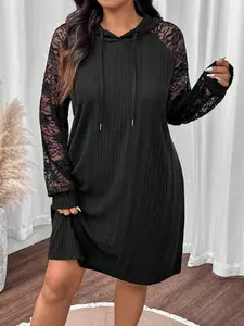 Women's Plus Size Hoodie Dress, Casual Long Sleeve Lace Panel A-Line Dress with Drawstring