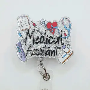 Medical Assistant Silver Glitter Retractable Badge ID Reel Belt or Alligator Clip Acrylic id badge