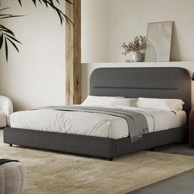HOMBCK Boucle Upholstered Bed Frame with Headboard, Mattress not included,  Rounded Corners, No Box Spring Needed, Easy Assembly