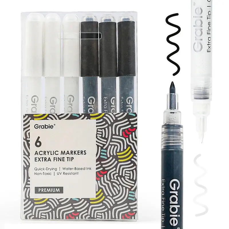 [Flash Sale] Grabie Black & White Extra Fine Tip Acrylic Paint Markers Set Of 6, Tiktokshopstockup, Tiktokshopmothersday