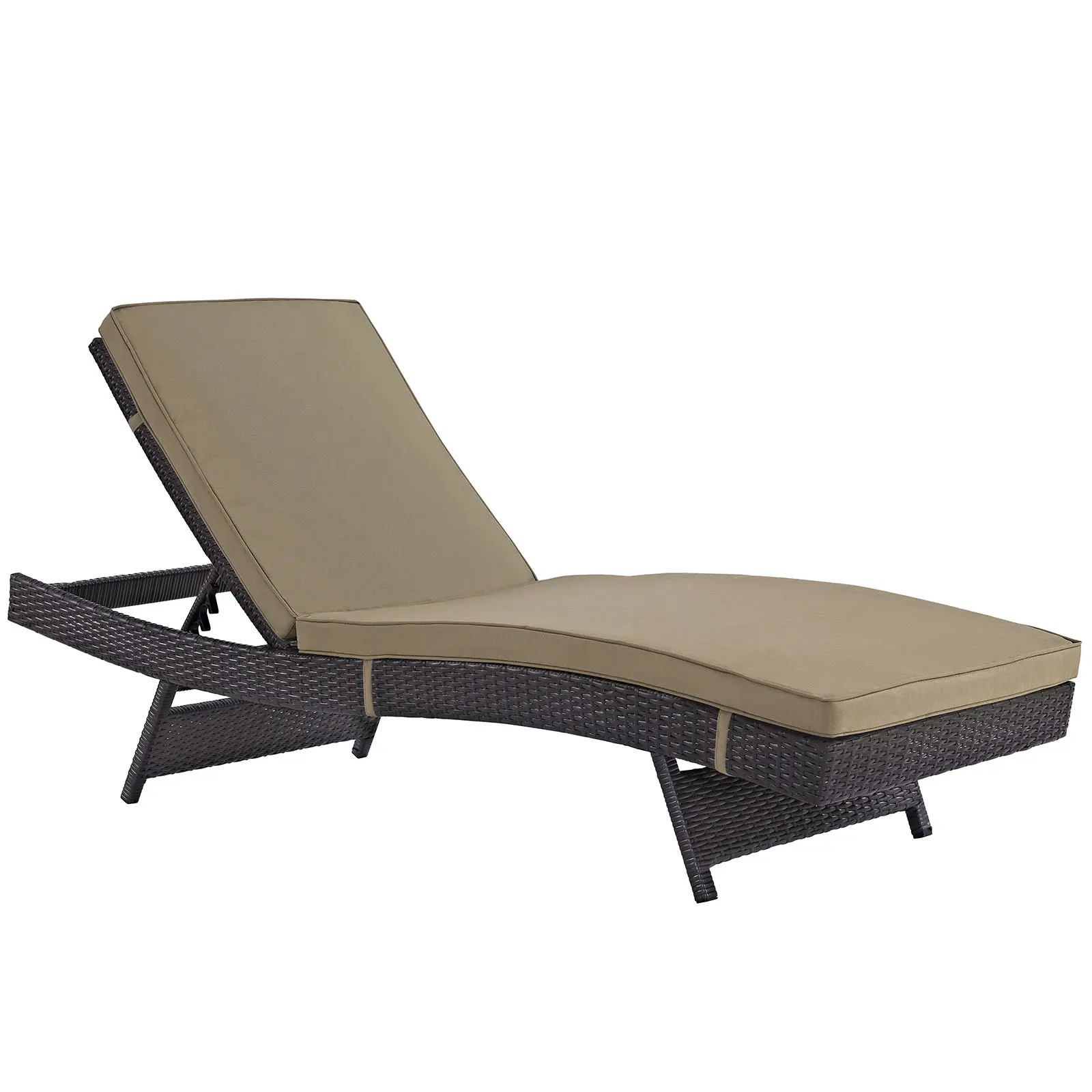 Modern Outdoor Sun Lounger - Peer Rattan Base Lounge Chair, Espresso Mocha Furniture with Cushions, Foldable Stackable Seating for Patio Areas