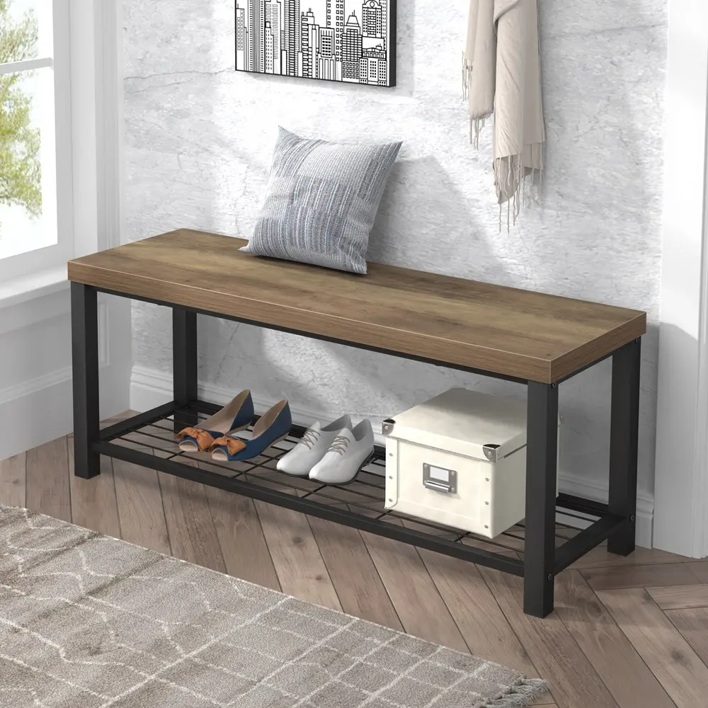 FOLUBAN Entryway Bench, Industrial Shoe Bench with Metal Storage Shelf, Rustic Indoor Shoe Storage Bench Seat, Oak