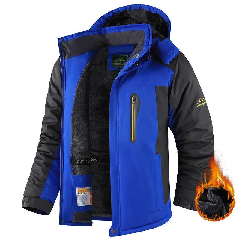Men's Winter Ski Jacket Warm Fleece Windproof Coat Thickened Outdoor Jacket with Removable Hat for Cycling & Outdoor Activities Athletic Outerwear
