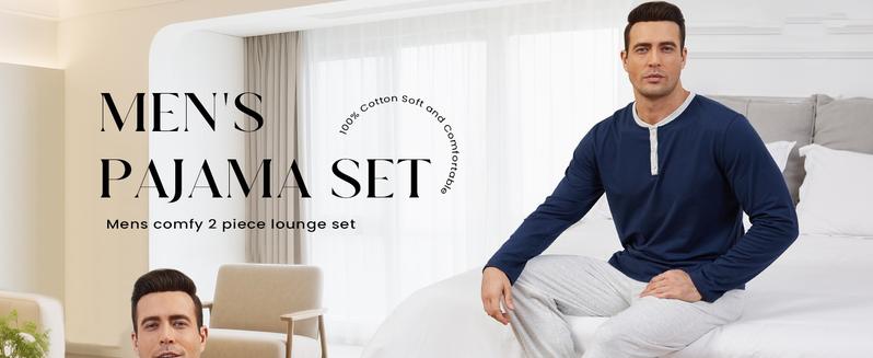 Gihuo Men's Pajama Set Soft Cotton Henley Neckline Sleepwear Long Sleeve 2 Piece Lounge Set with Pockets