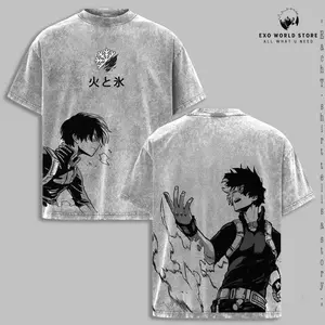 Shoto Todoroki Vintage Washed Oversize Graphic Tee, My Hero Academia Flame & Frost Heavy Cotton T-Shirt, Anime Streetwear for Men and Women 1HY