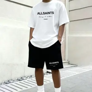 Men’s two-piece “Allsaints London” logo print outfit featuring a short-sleeve T-shirt and matching shorts; casual streetwear style ideal for everyday wear, urban fashion, street style, and weekend activities.