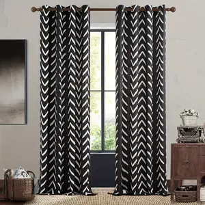 Black and White Pattern Linen Curtain 2 Panel Room Darkening Herringbone Fabric Grommet Curtain Living Room Zigzag Chevron Farmhouse Curtain Window