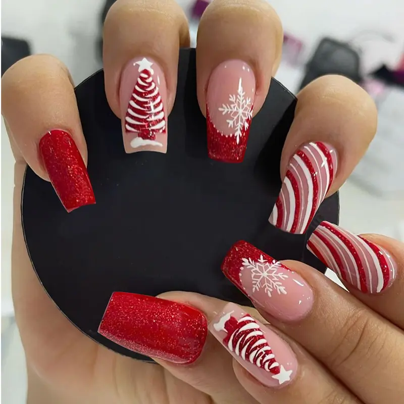 Christmas Red Glitter Press-On Nails | Snowflake & Tree Design