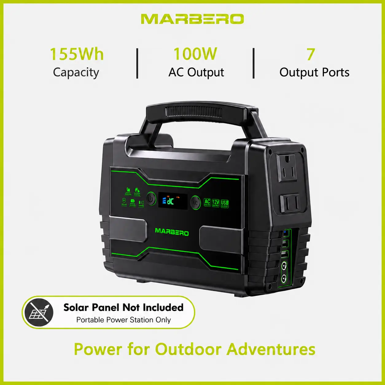MARBERO 155Wh Portable Power Station (Solar Panel Not Included) with 2 x 100W AC Outlets(150W Surge) 7 Output Ports Built-in Flashlight for Camping Power Outage Outdoor Emergency