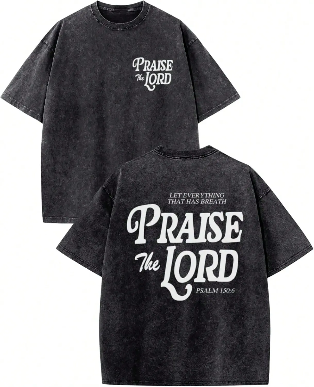 Vintage Praise The Lord Psalm 150:6 Christian T-Shirt, Washed Black Cotton Oversized Short Sleeve Tee, Retro Cursive Bible Verse Front & Back Print Faith Crewneck Shirt