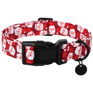 Christmas Cotton Dog Collar Red Santa Claus Design Durable Holiday Pet Collars for Medium Large Dogs with Quick-Release Buckle and D-Ring - Harnesses