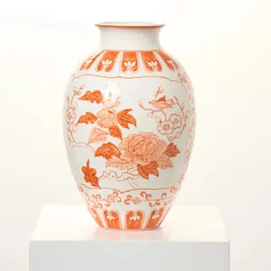Coral Orange & White Hand Painted Chinoiserie Ceramic Elodie Tapered Neck Flower Vase