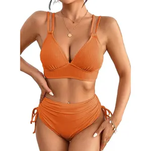 Women's Bikini Sets Two Piece Swimsuit V Neck High Waisted Ruched Tummy Control 2025 Summer Bathing Suit