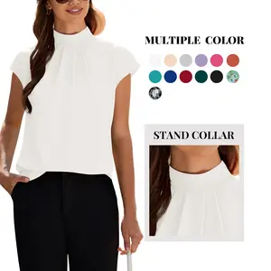 Funlingo Womens Summer Tops Mock Neck Short Cap Sleeve Blouses Business Casual Work Chiffon Shirts Front Pleated Tunic Top