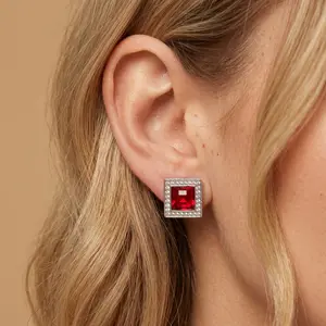Hypoallergenic Silver-Tone 2-Tier Halo Red Gemstone Stud Earrings, Dazzling Elegant Jewelry for Evening Prom Piercings