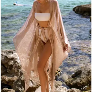 Women's  Golden SheerBikini Kimono Cover Up, Sun Proof Long-Sleeve Self-Tie Belted Beach Robe, Sparkly Flowy Swimwear Coverup for Pool & Vacation Wear