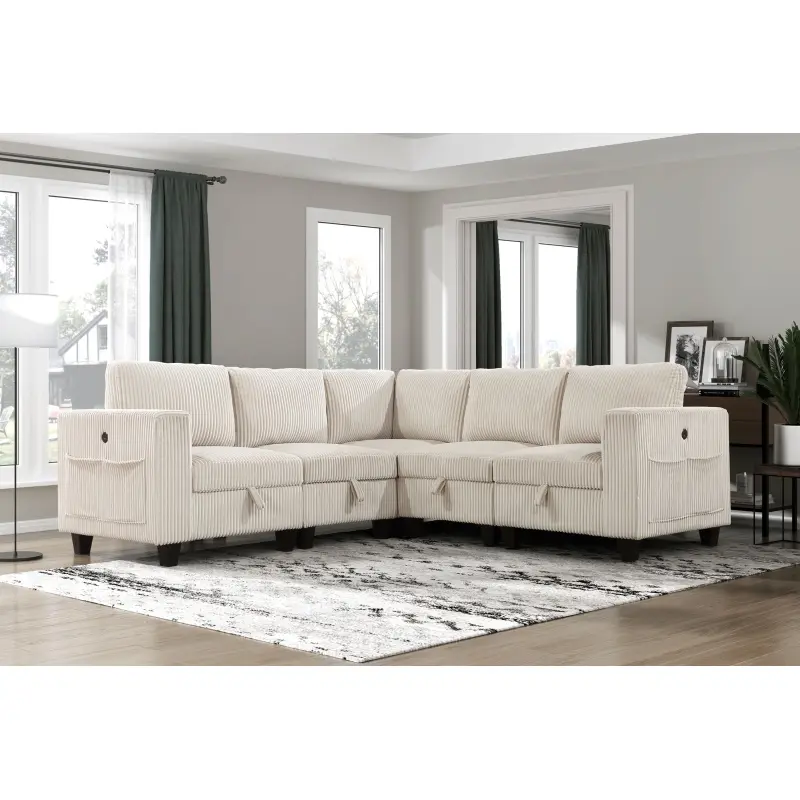 Beige Corduroy 5-Piece Sectional Armless Sofa - Polyester Upholstery, Foam-Cushioned, Solid Wood Frame, 89" x 89" x 35.5"H, Storage Seats, Side Pockets, Charging Ports, Assembly Required Modern Indoor Living Room Furniture, Modular Armless Sectional Sofa