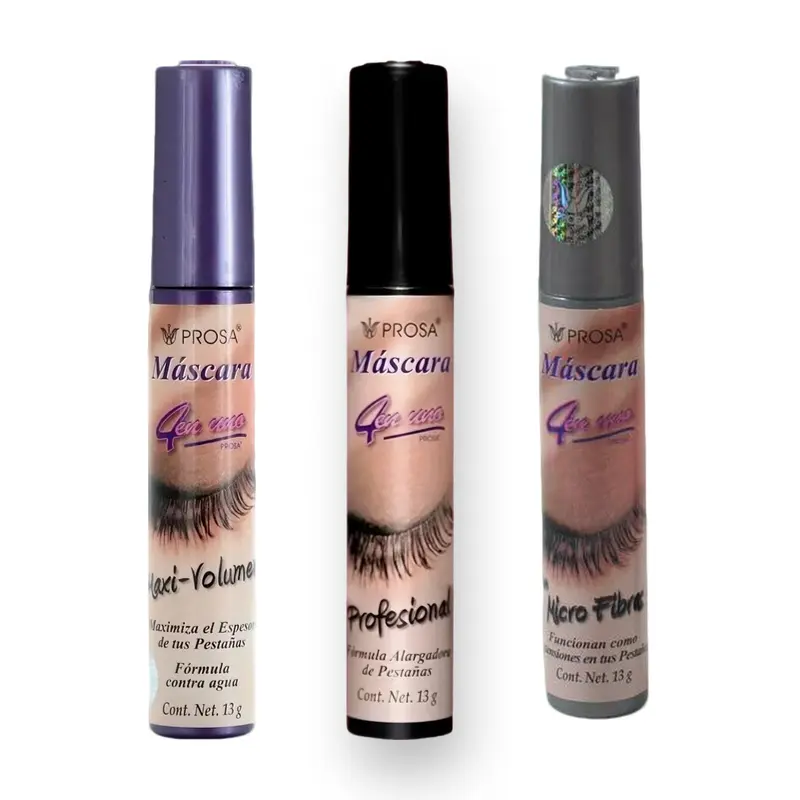 Prosa 4 in 1, (3 Pack) Mascara Maxi Volumen with Micro Fibras, Professional Black,(1) 4 in 1 Eyelash Makeup Volumizing Water Proof Cosmetic