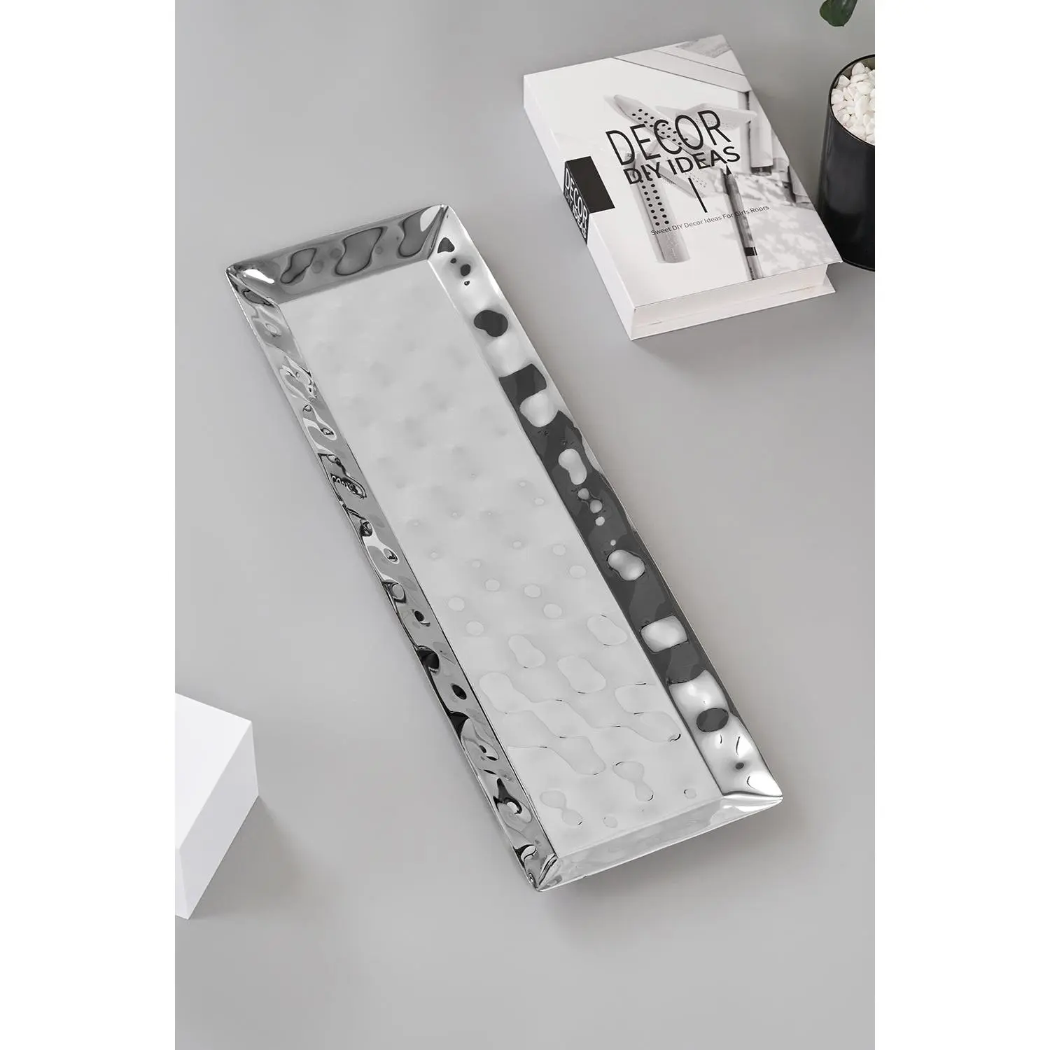 Stylish Luxury Hammered Stainless Steel Rectangular Serving Tray, Modern Kitchenware Platter Dish