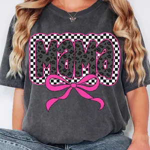 Pink Mama Coquette Bow T-shirt - Comfort Colors, Mama Checkered Shirt, Mama Varsity, Mother's Day, Cotton Fabric Soft Top Womenswear