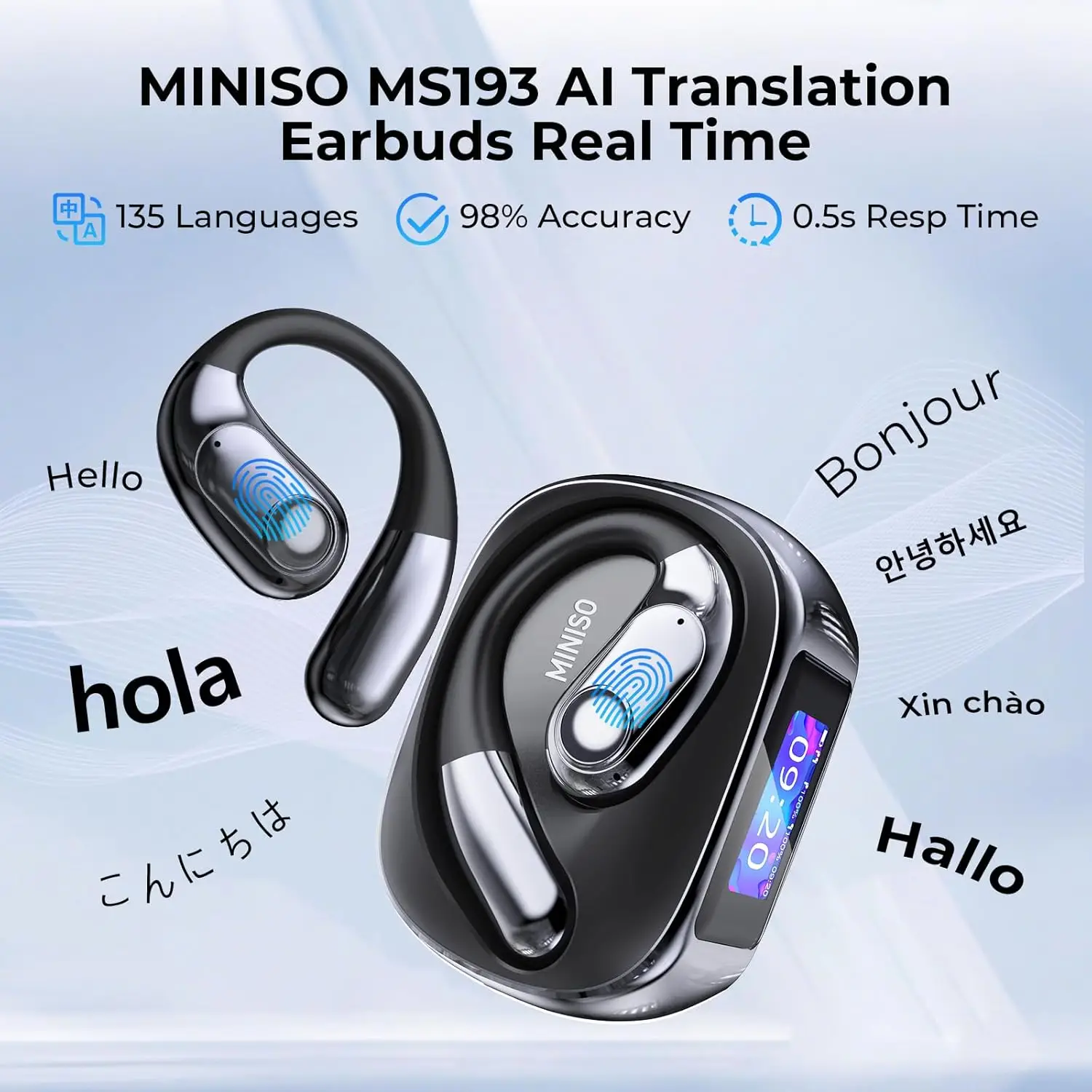 MINISO MS193 AI Headphones OWS Wireless Bluetooth 6.0 Earphones,134 Languages Translation,LCD Display Screen Charging Case,ENC Earbuds Smart Headsets