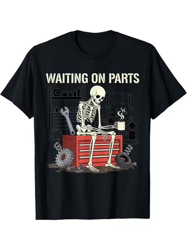 Men's Short-Sleeve Casual Cotton Loose Top - Menswear Sarcastic Apparel, Breathable Soft Skeleton Mechanic "Waiting On Parts" Graphic T-Shirt for Garage Enthusiasts (Skeleton Mechanic Graphic Men's Short-Sleeve T-Shirts), Shortsleeve, Work, Tool‑Lover Tee