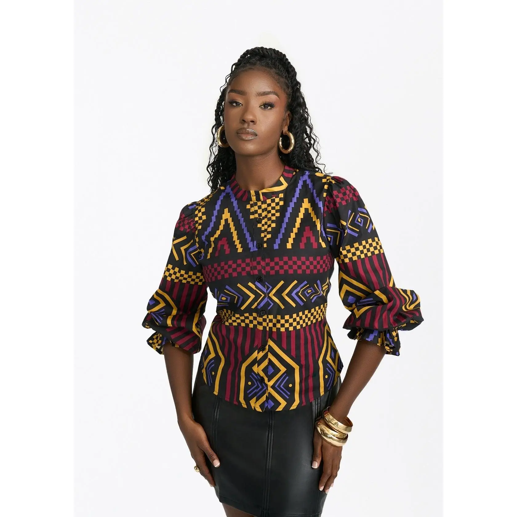 Jahzara Women's African Print Blouse (Black Burgundy Tribal)