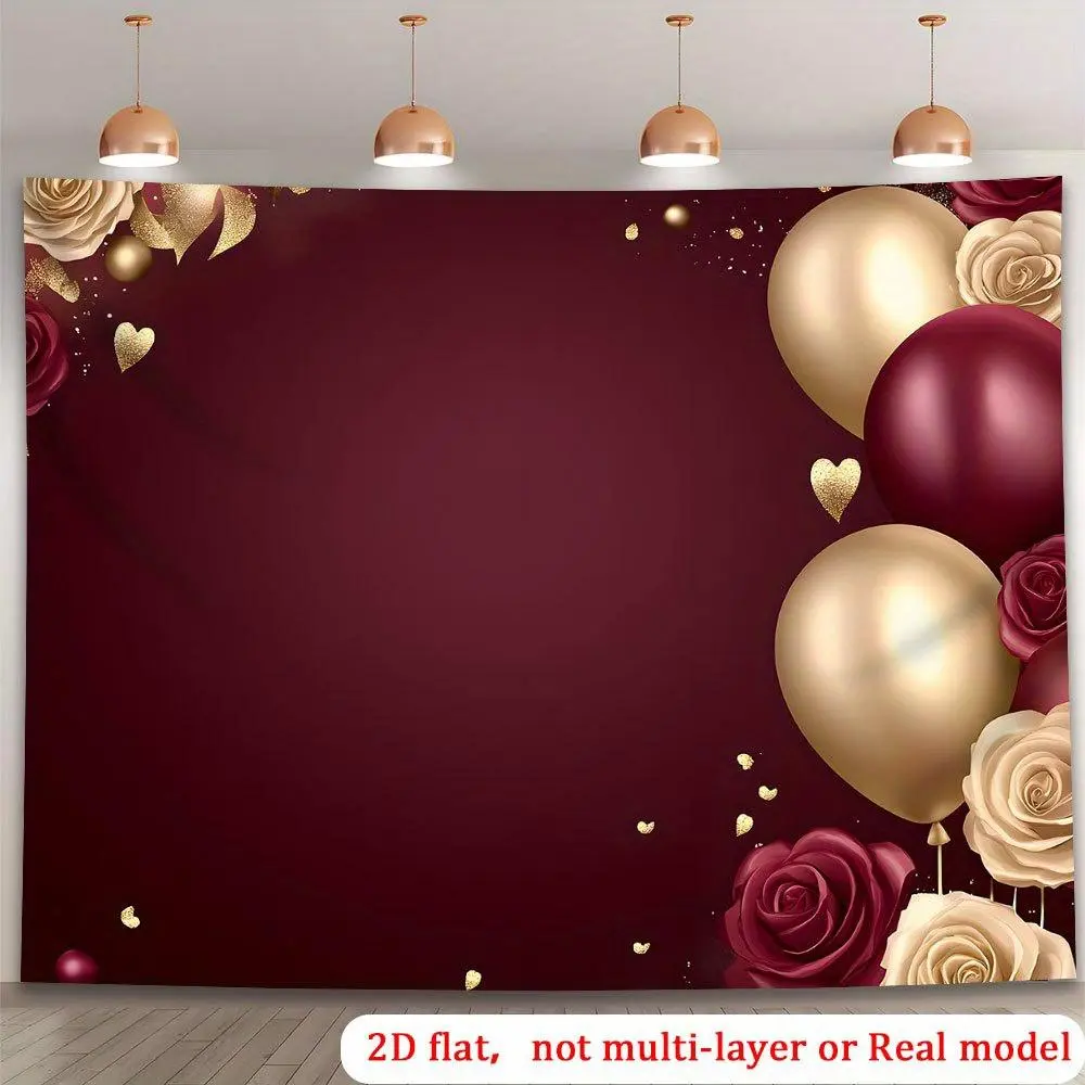1PC Polyester Reusable 2D Flat Retro Burgundy Gold Balloon Rose Backdrop Banner, Wedding & Birthday Event Decor, Romantic Heart Photography Curtain Background Wall,summerwins