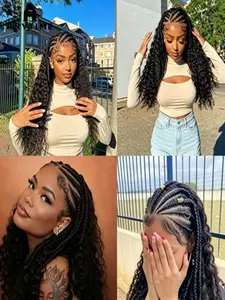26-Inch Lace Braid Wig Cap, Synthetic Fiber, Curly Synthetic Wig, Cornrow & Wave Design, 13x6 Inch Lace Front, Natural Hairline, Fashionable for Women