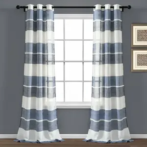 Set of 2 84"x38" Textured Stripe Grommet Top Sheer Window Curtain Panels Navy - Lush Décor